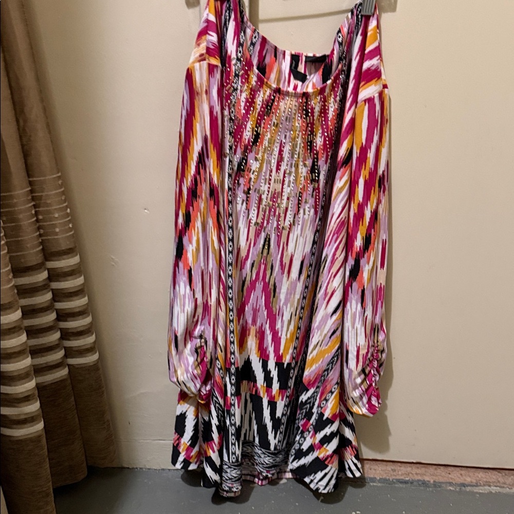 new directions Pink Multi-Print Off-Shoulder Blouse with Black Accents